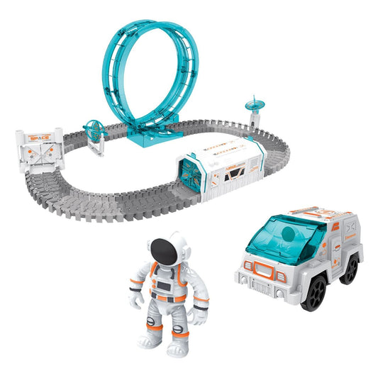 Pistă Auto Spațială pentru Copii 109 Piese – Circuit Flexibil cu Buclă 360°, Mașină cu Lumini, Astronaut și Stație Spațială| Joc DIY Creativ