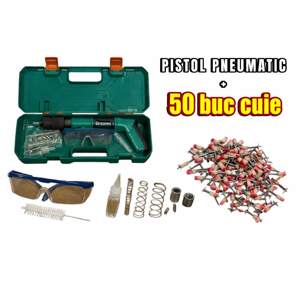 Pistol Pneumatic Profesional pentru Cuie și Nituri + 50 Cuie Incluse – Set Complet cu Accesorii și Cutie, pentru Lemn, Beton, Rigips și Cărămidă