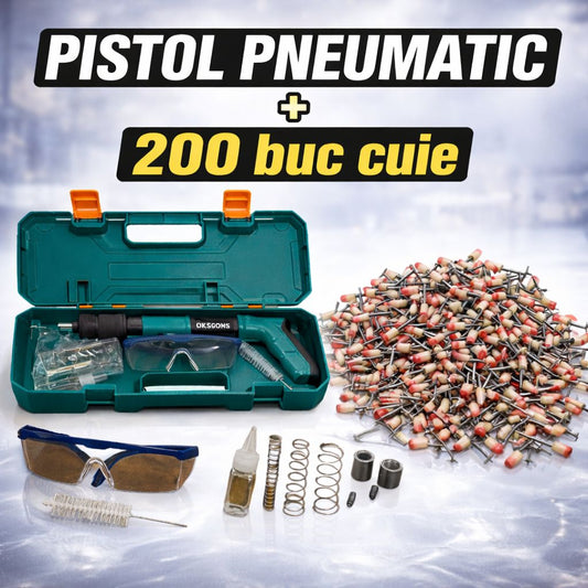 Pistol Pneumatic Profesional pentru Cuie și Nituri + 200 Cuie Incluse – Set Complet cu Accesorii și Cutie, pentru Lemn, Beton, Rigips și Cărămidă