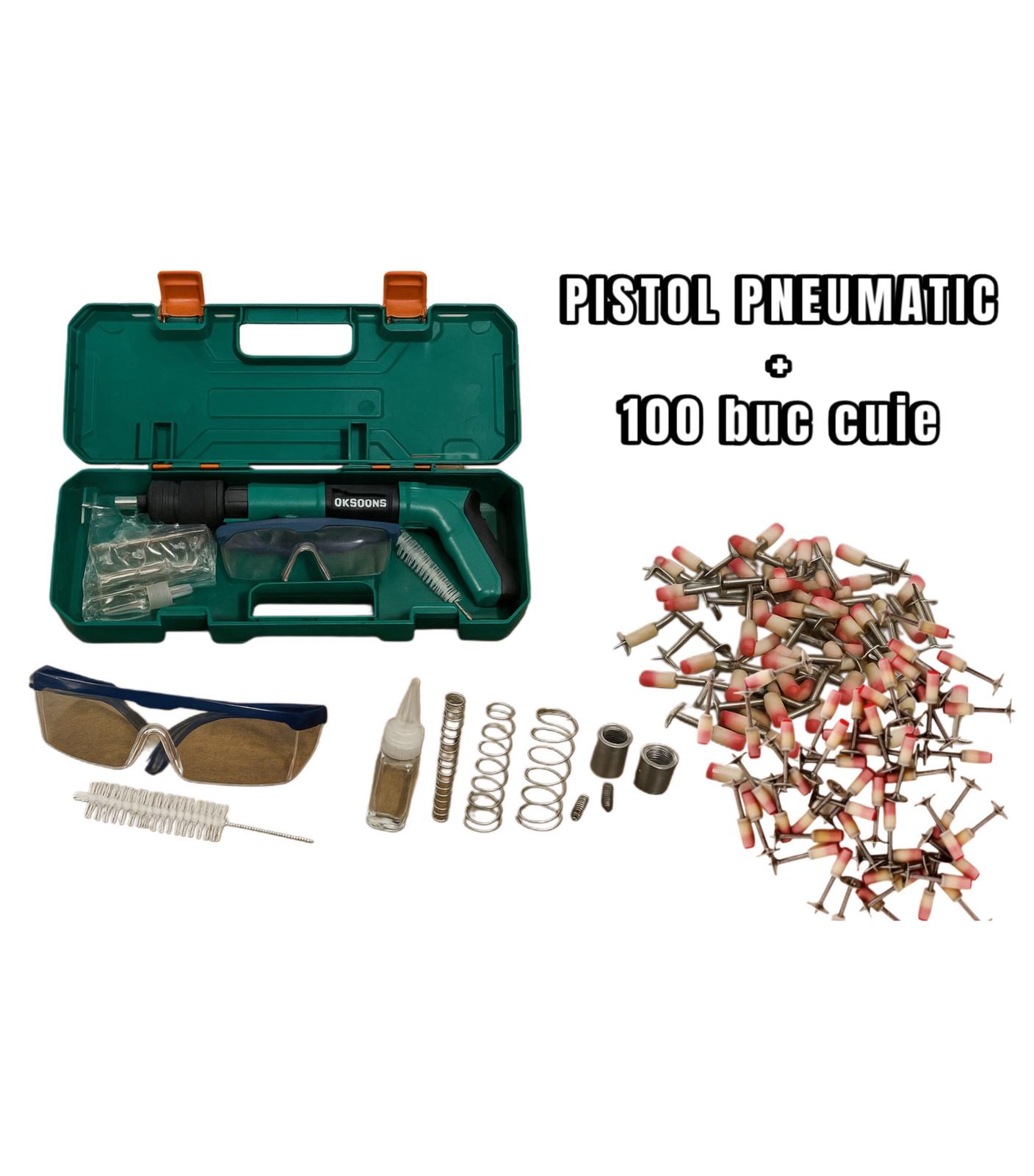 Pistol Pneumatic Profesional pentru Cuie și Nituri – Set Complet cu Accesorii, Cutie Transport + 100 Cuie