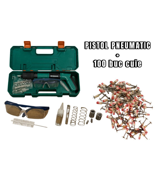 Pistol Pneumatic Profesional pentru Cuie și Nituri – Set Complet cu Accesorii, Cutie Transport + 100 Cuie