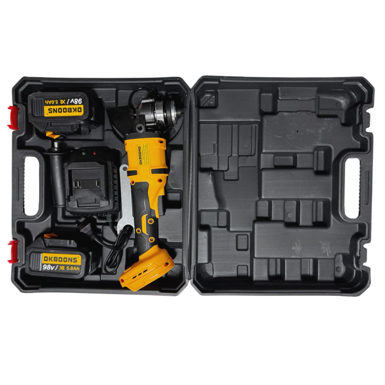 Polizor unghiular cu acumulator Li-Ion OKBOONS, 98V, 5.0Ah, 125 mm, 2 acumulatori, încărcător, mâner și apărătoare disc