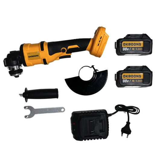 Polizor unghiular cu acumulator Li-Ion OKBOONS, 98V, 5.0Ah, 125 mm, 2 acumulatori, încărcător, mâner și apărătoare disc