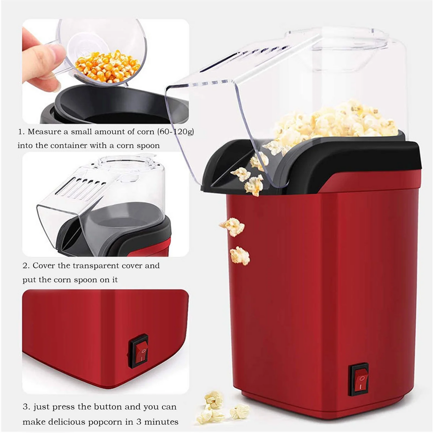 Masina de Facut Popcorn cu Aer Cald 1200W – Aparat Floricele Fara Ulei, Popcorn Rapid in 3 Minute, Design Compact pentru Casa
