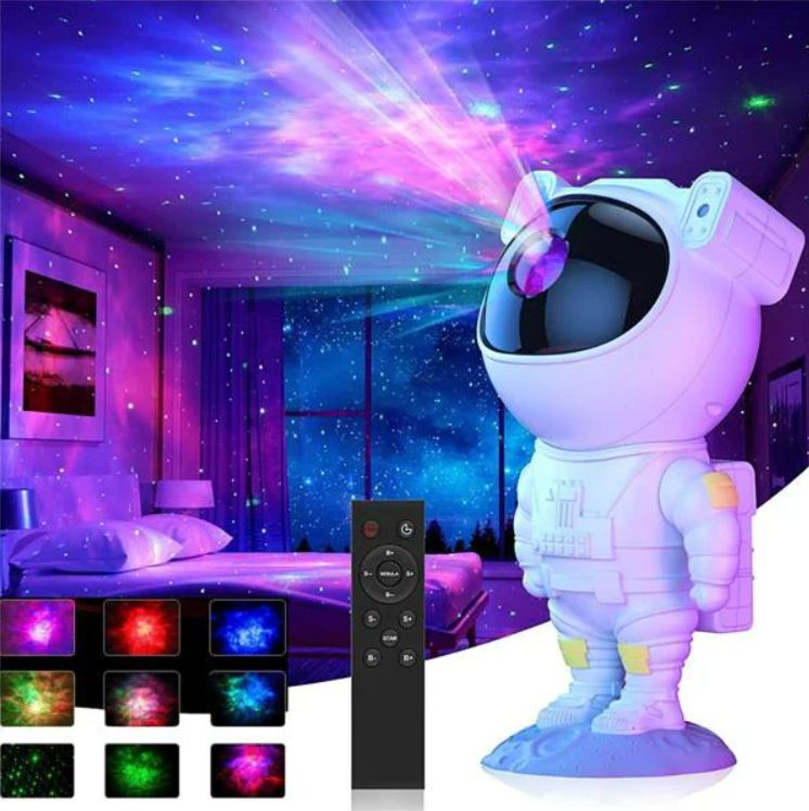 Proiector Laser Astronaut alb – Aurora Boreală & Cer Înstelat, 360°, 8 Moduri, Timer, Telecomandă