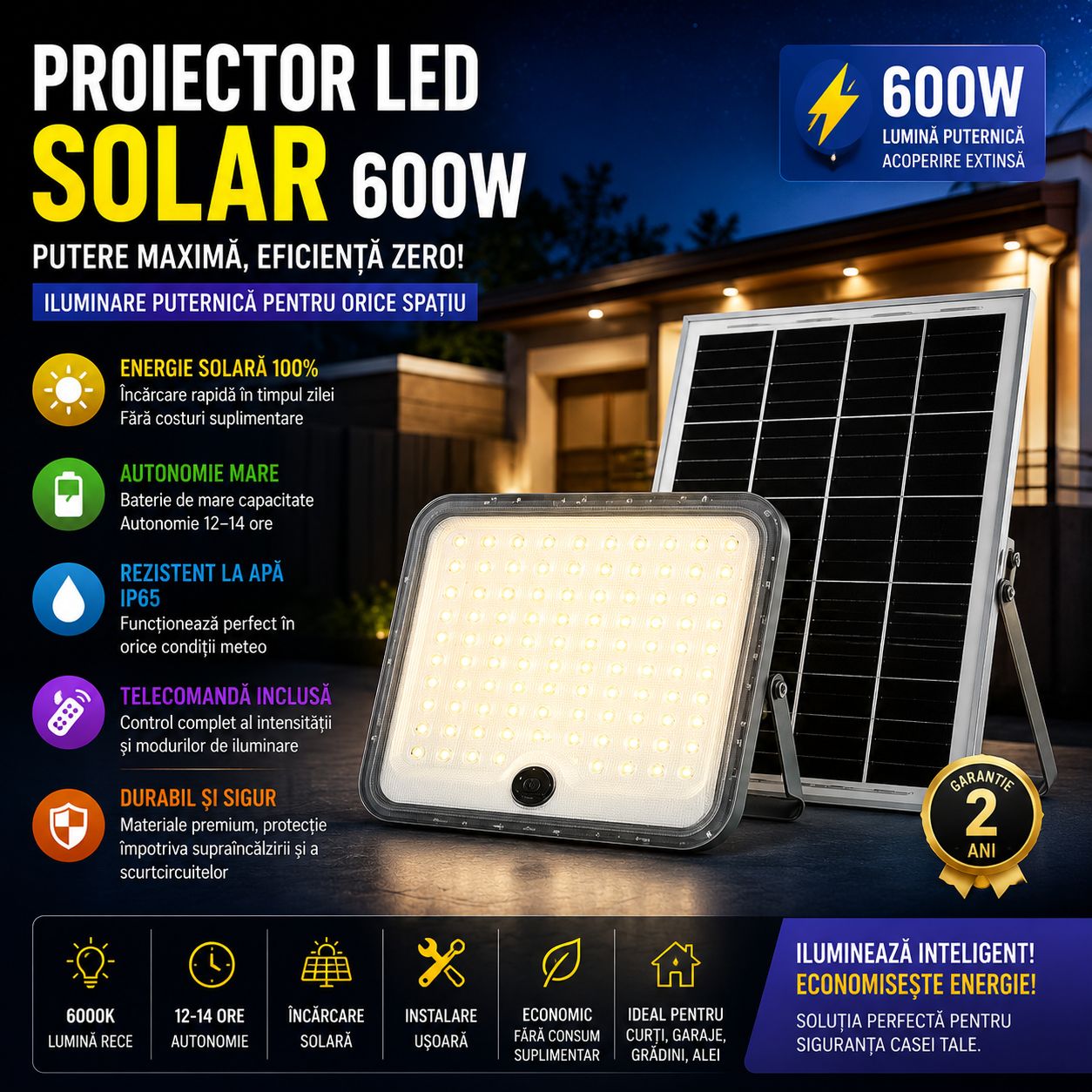 Proiector LED Solar 600W cu Panou Solar Separat și Telecomandă – Iluminare Exterior Puternică, Rezistent la Intemperii