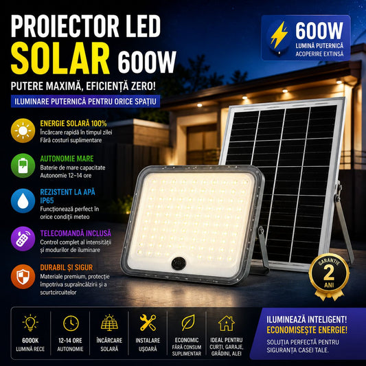 Proiector LED Solar 600W cu Panou Solar Separat și Telecomandă – Iluminare Exterior Puternică, Rezistent la Intemperii