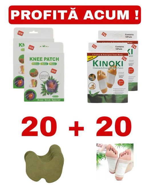 Pachet 20 plasturi Kinoki + 20 plasturi vegetali - 2 soluții naturale, 1 preț special