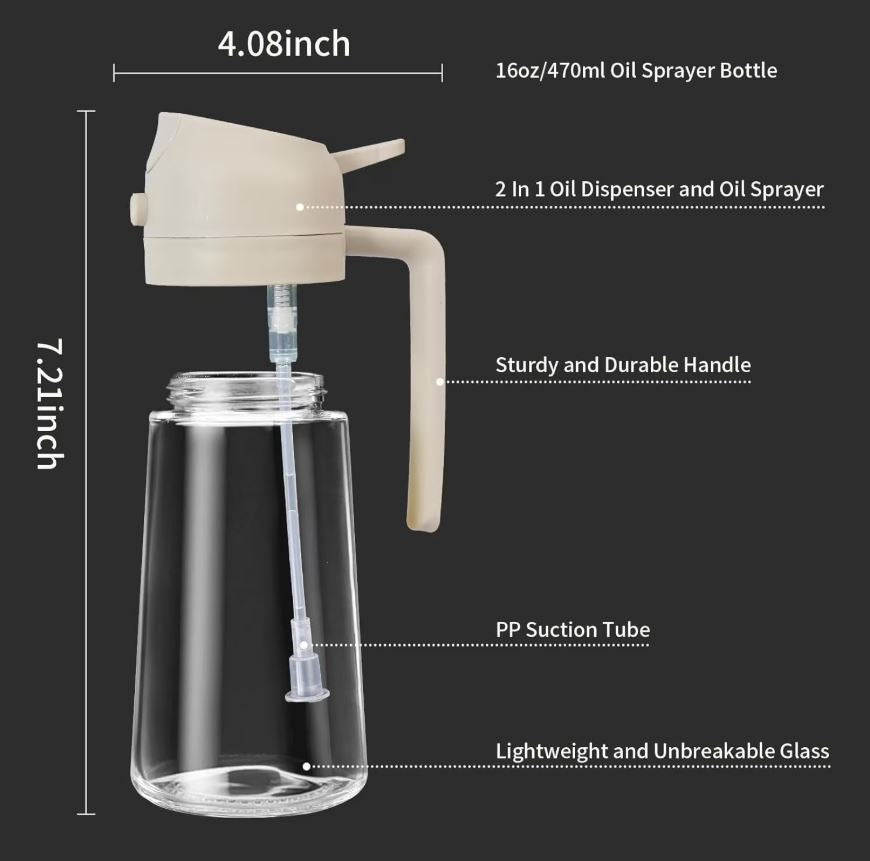Dispenser 2 în 1 pentru Ulei – Pulverizare Fină & Turnare, Mâner Ergonomic, Sticlă Premium, 300 ml, Culoare Bej
