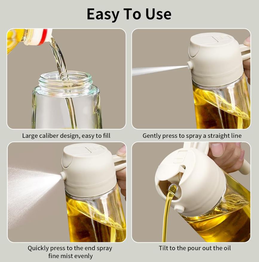 Dispenser 2 în 1 pentru Ulei – Pulverizare Fină & Turnare, Mâner Ergonomic, Sticlă Premium, 300 ml, Culoare Bej