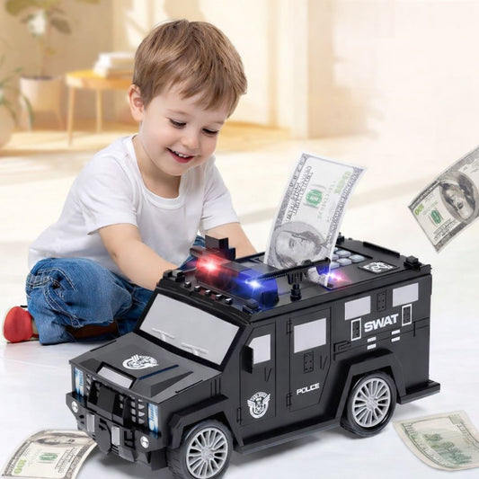 Pușculiță Electronică pentru Copii – Mașină de Poliție cu PIN, Lumini și Sunete, Slot Bancnote și Monede, Negru