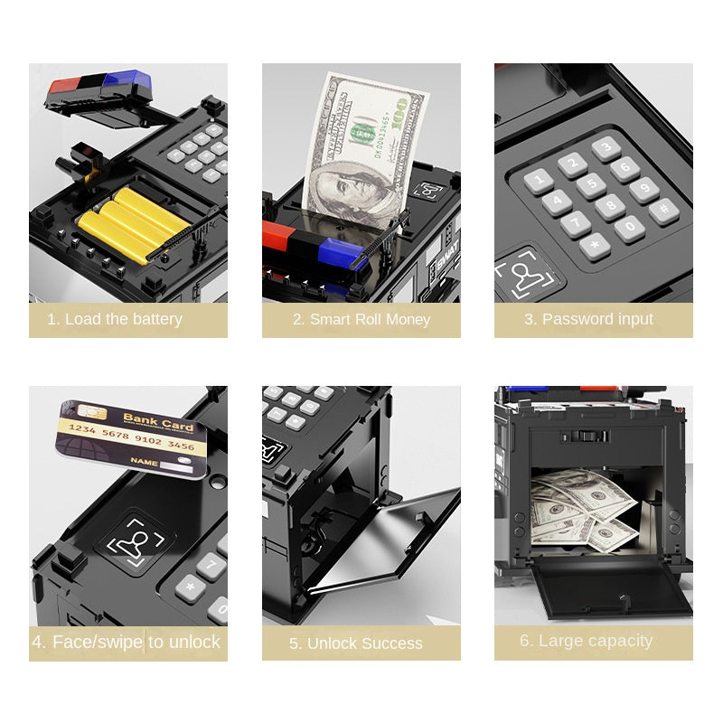 Pușculiță Electronică pentru Copii – Mașină de Poliție cu PIN, Lumini și Sunete, Slot Bancnote și Monede, Negru