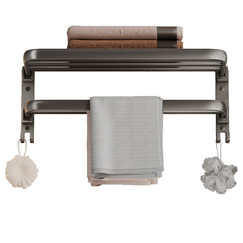 Suport Prosoape Baie Pliabil 60 cm, Aluminiu Premium Anti-Rugina, cu Poliță și Cârlige, Montaj Fără Găurire sau cu Șuruburi, Gri Antracit