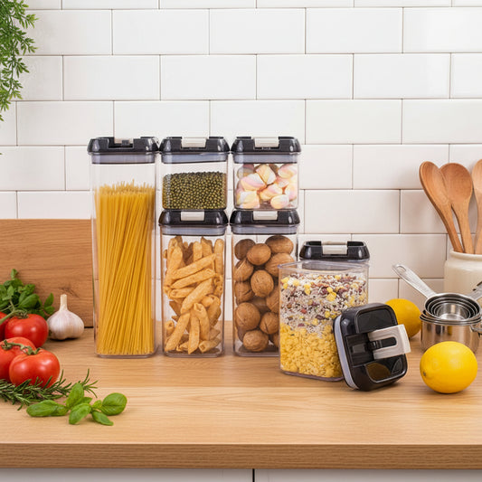 Set 7 Recipiente Ermetice pentru Depozitare Alimente – Containere Bucătărie cu Capac Etanș, Organizare Condimente, Cereale și Paste