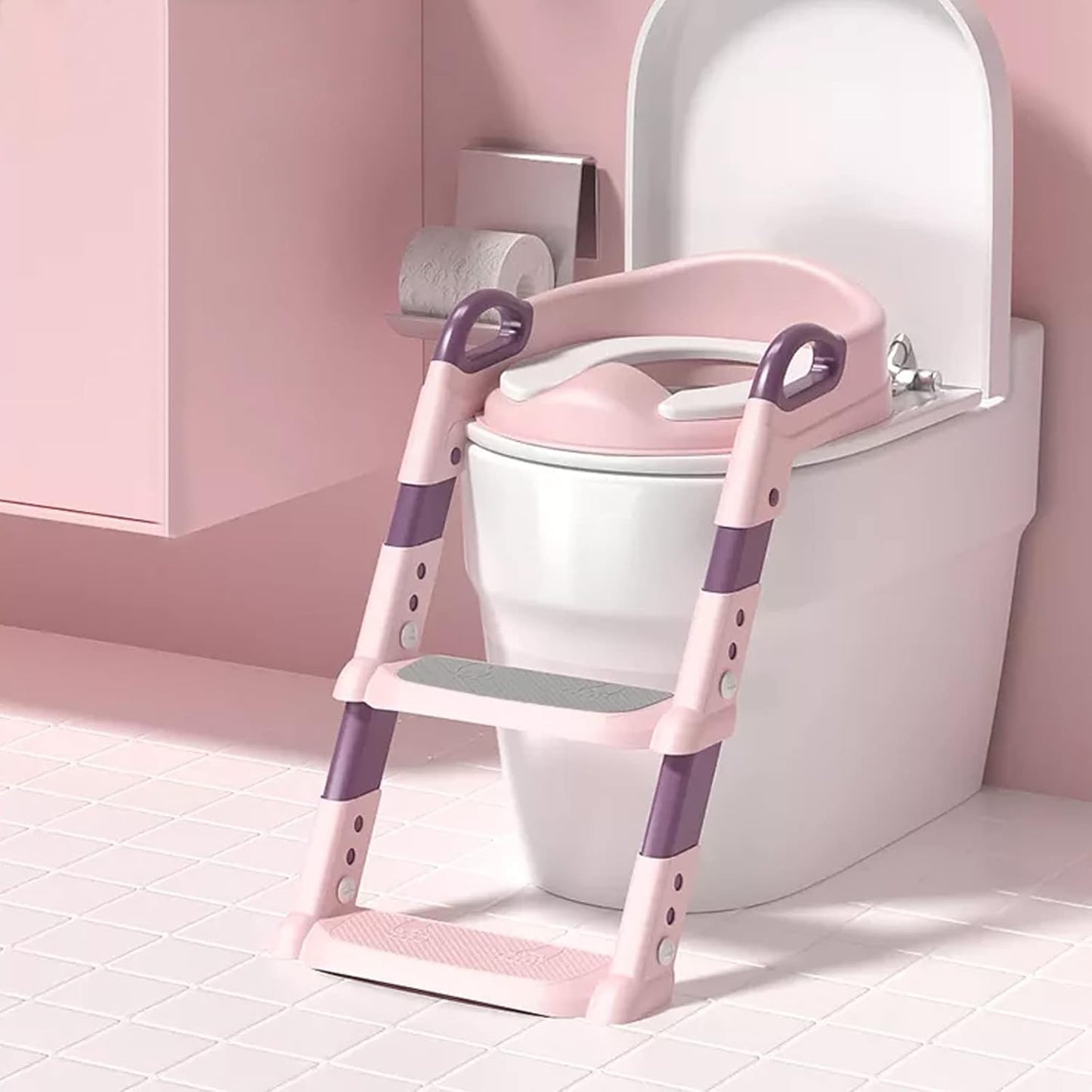 Scaun toaletă copii cu scară pliabil, reductor WC cu spătar și mânere, anti-alunecare – antrenament oliță, design ergonomic