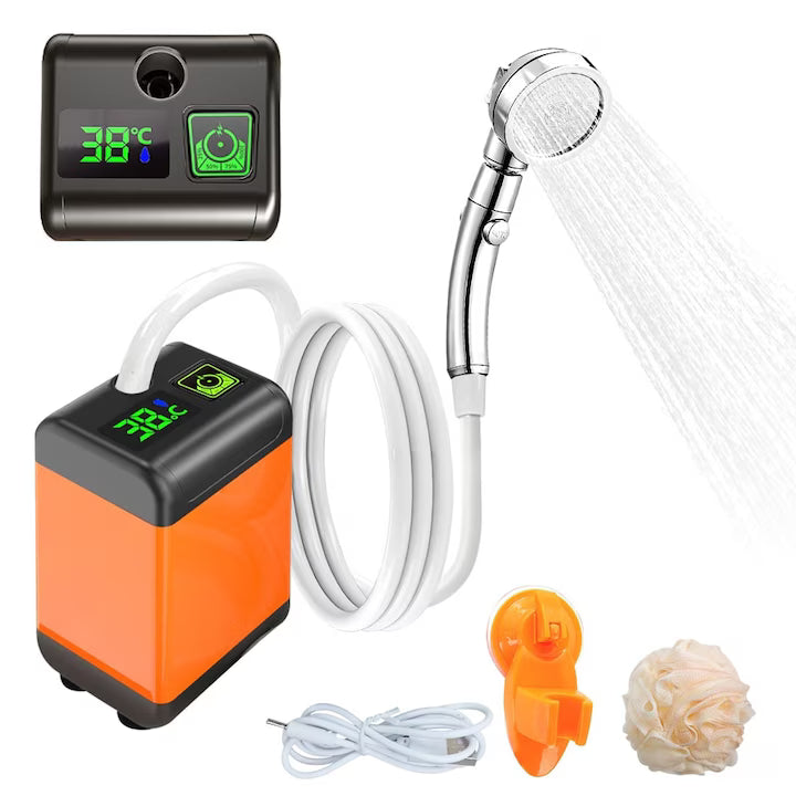 Duș Portabil pentru Camping cu Pompă Electrică, Afișaj Digital, 3 Moduri de Pulverizare, Baterie 4800 mAh, Furtun 2 m