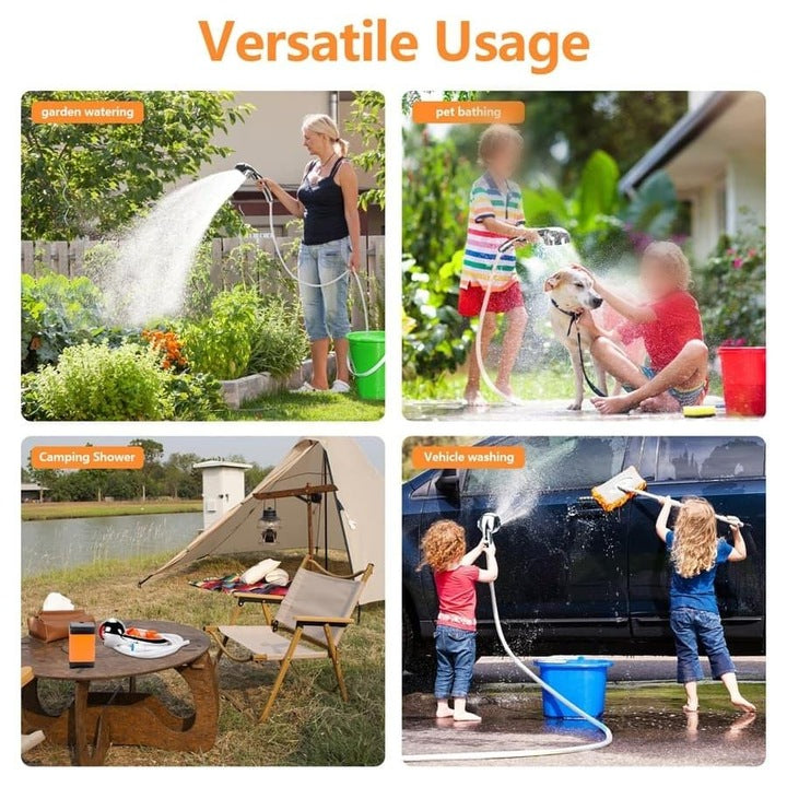 Duș Portabil pentru Camping cu Pompă Electrică, Afișaj Digital, 3 Moduri de Pulverizare, Baterie 4800 mAh, Furtun 2 m
