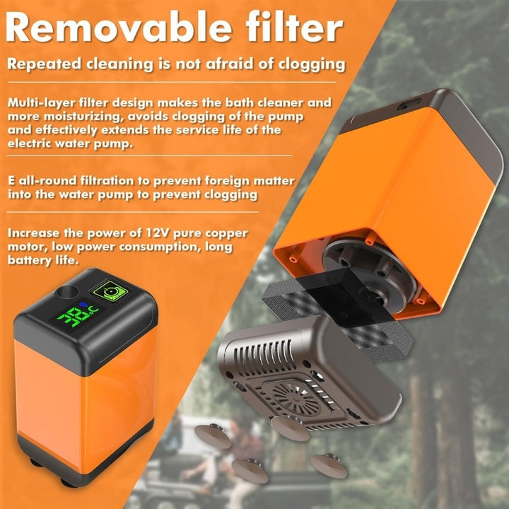 Duș Portabil pentru Camping cu Pompă Electrică, Afișaj Digital, 3 Moduri de Pulverizare, Baterie 4800 mAh, Furtun 2 m