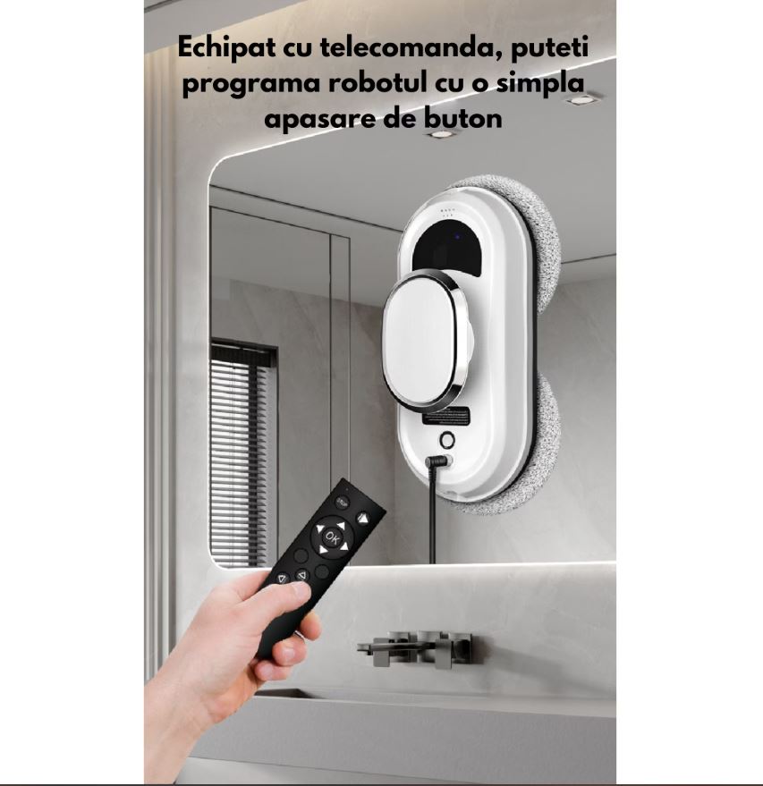 Robot curățare geamuri automat 5600Pa, 90W – Aspirator inteligent pentru ferestre, oglinzi și suprafețe vitrate, cu lavete microfibră și control