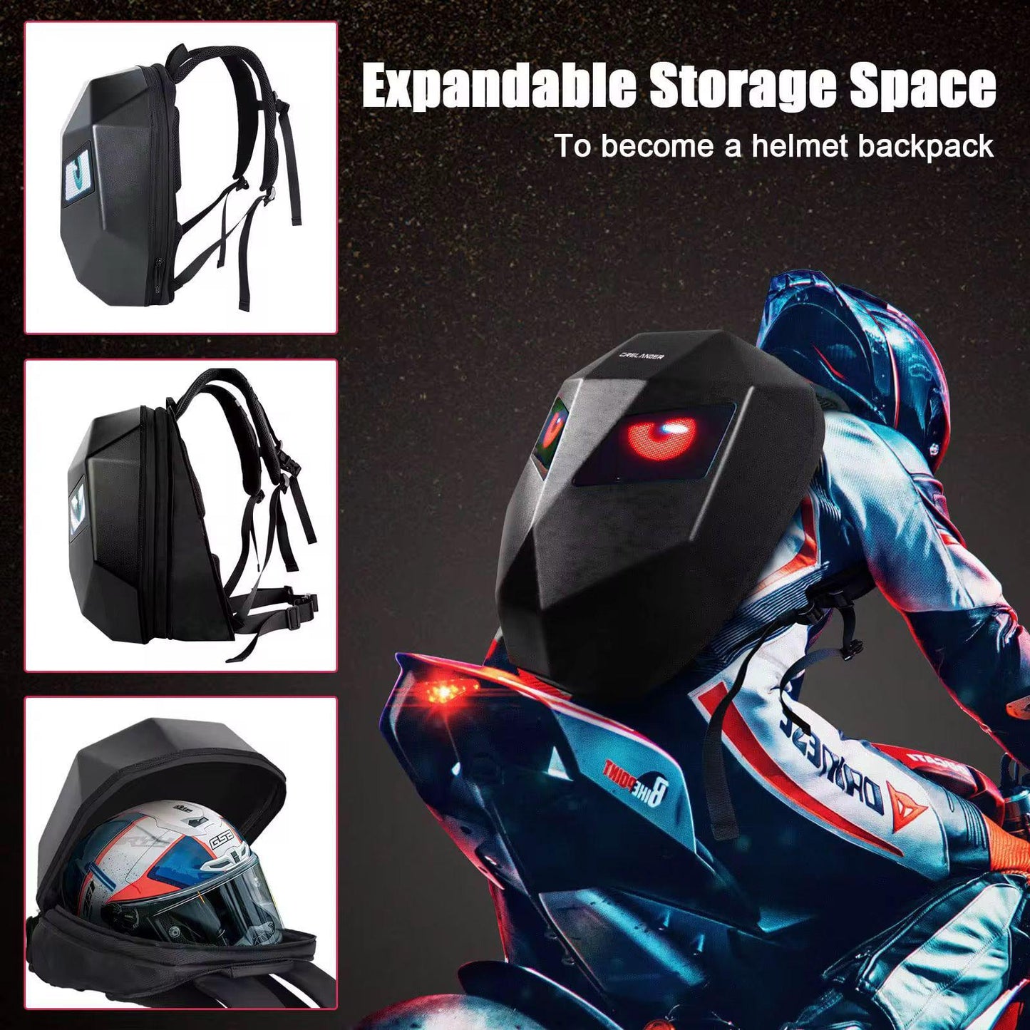 Rucsac LED Inteligent pentru Motocicliști, Ecran Personalizabil prin Aplicație, Waterproof, USB, Compartiment Laptop, Benzi Reflectorizante și Design Hard Shell