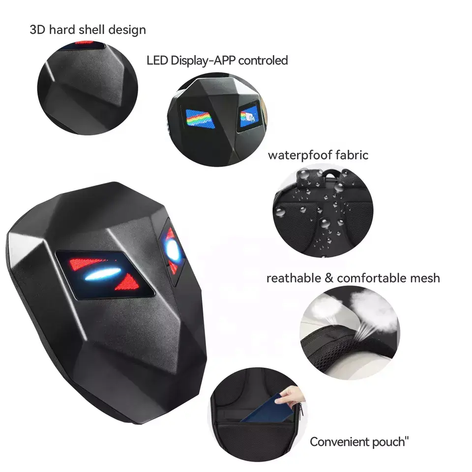 Rucsac LED Inteligent pentru Motocicliști, Ecran Personalizabil prin Aplicație, Waterproof, USB, Compartiment Laptop, Benzi Reflectorizante și Design Hard Shell