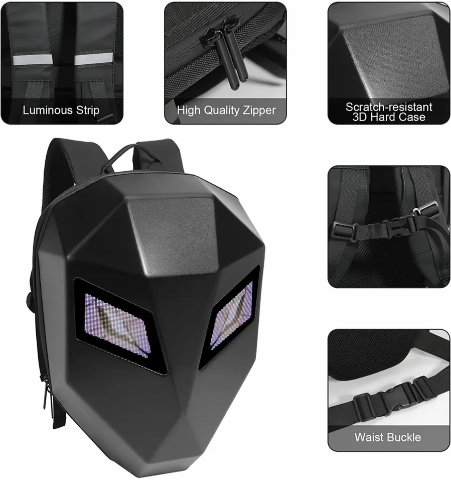 Rucsac LED Inteligent pentru Motocicliști, Ecran Personalizabil prin Aplicație, Waterproof, USB, Compartiment Laptop, Benzi Reflectorizante și Design Hard Shell