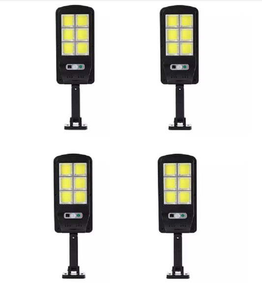 Set 4 Lămpi Solare Stradale 120 LED cu Senzor de Mișcare, Telecomandă, Brat de Montare și Panou Solar Incorporat – 3 Moduri de Iluminare, Negru