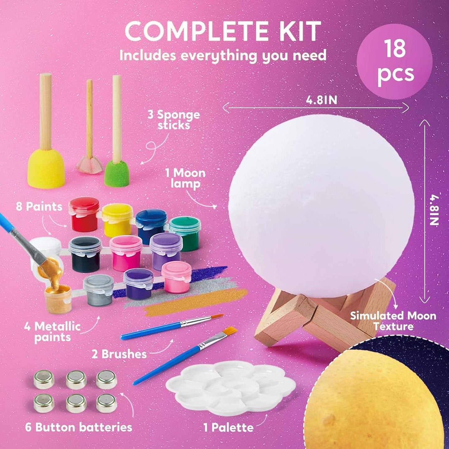 Kit Creativ 3D Luna de Pictat cu LED, Lampă de Noapte DIY pentru Copii, Set Pictură Artistică cu Vopsele și Pensule