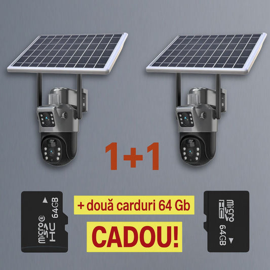 Set Două Camere Supraveghere VISURON 4K cu Panou Solar – Dubla Lentilă, 360°, Zoom 10X + Două Carduri 64GB CADOU!