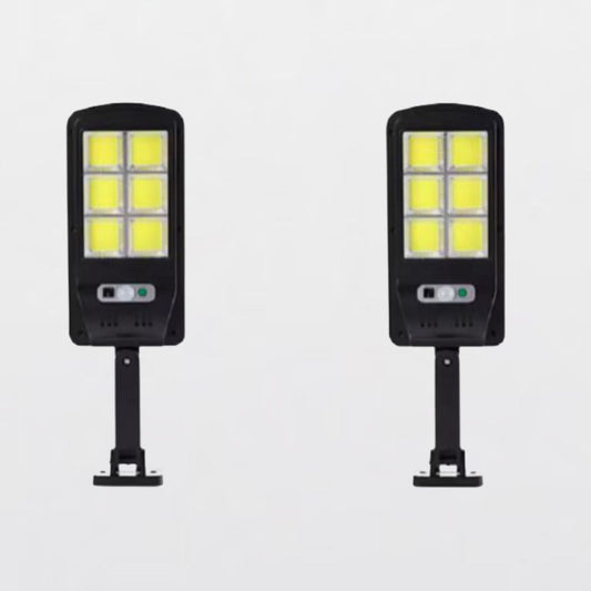 Set 2 Lămpi Solare Stradale 120 LED cu Senzor de Mișcare, Telecomandă și Brat de Montare – 3 Moduri de Iluminare, IP65, Negru