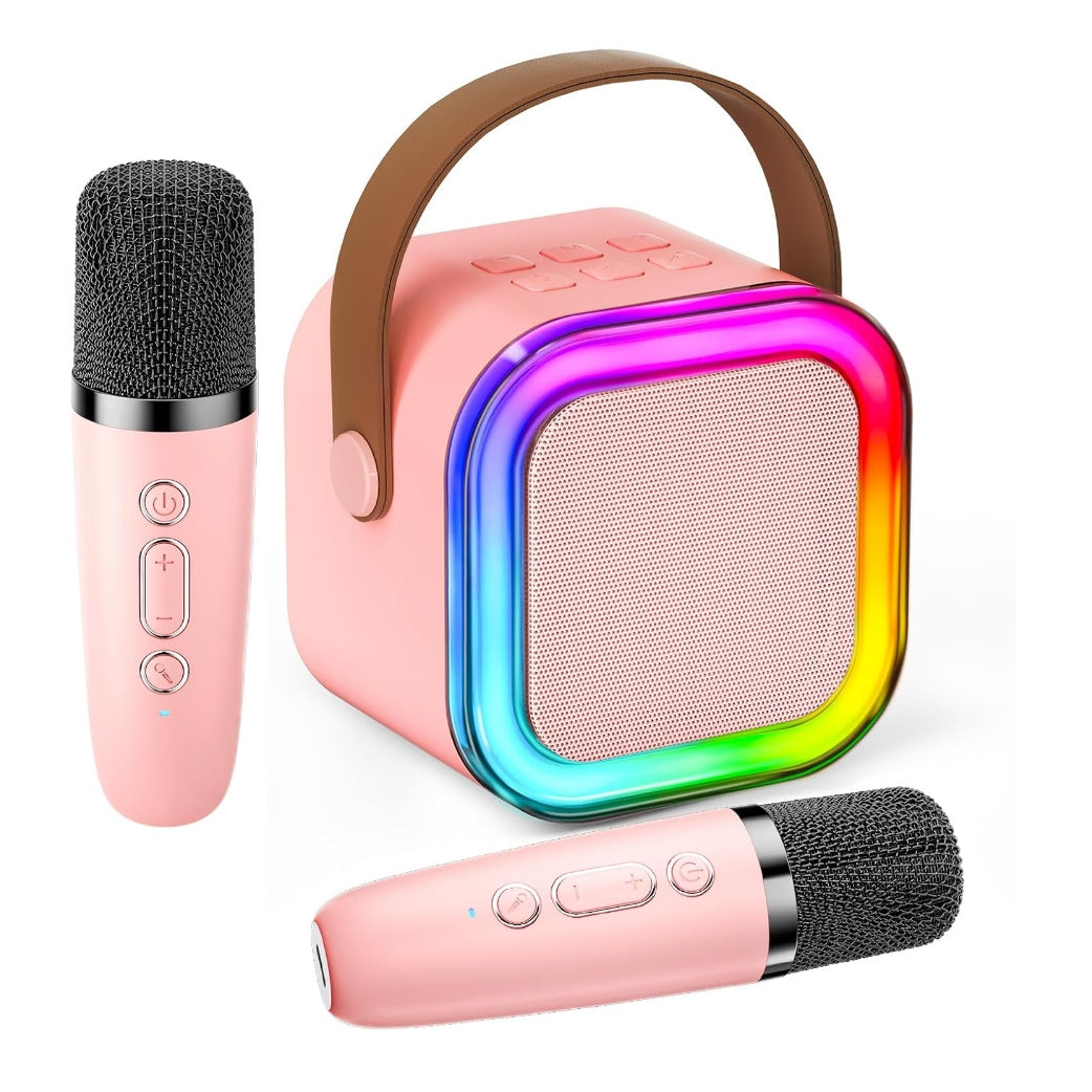 Sistem Karaoke Portabil cu 2 Microfoane Wireless și Boxă Bluetooth – LED RGB, Efecte Vocale, Sunet 3D, USB-C, Roz