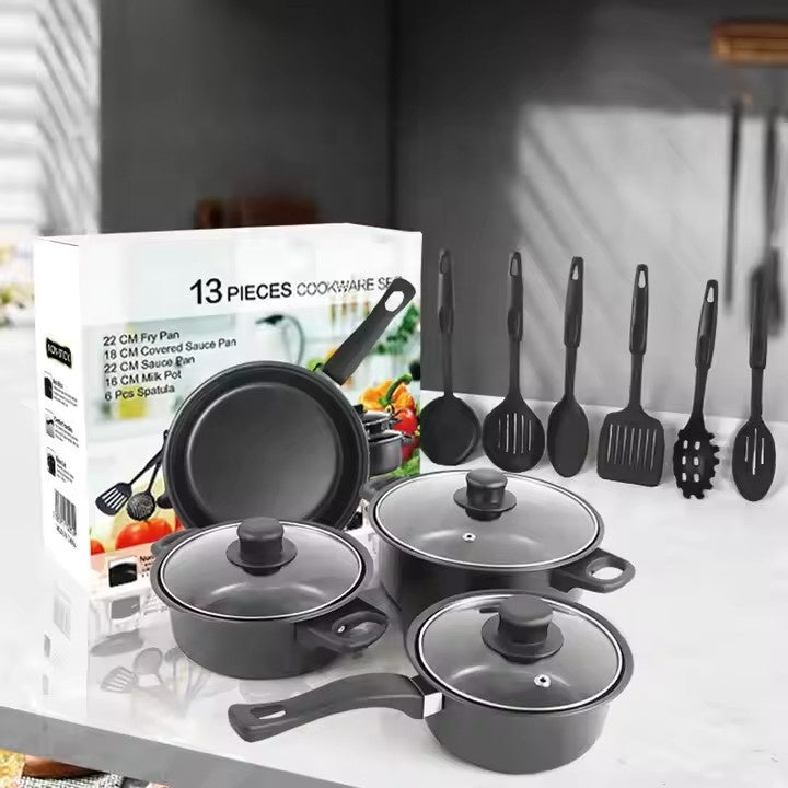 Set oale și tigăi antiaderente 13 piese, fier de calitate, ustensile silicon alimentar, compatibil inducție, negru elegant + ascuțitor cuțite și