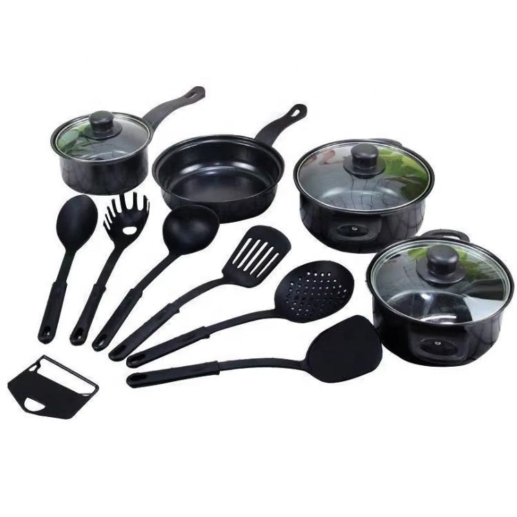 Set oale și tigăi antiaderente 13 piese, fier de calitate, ustensile silicon alimentar, compatibil inducție, negru elegant + ascuțitor cuțite și