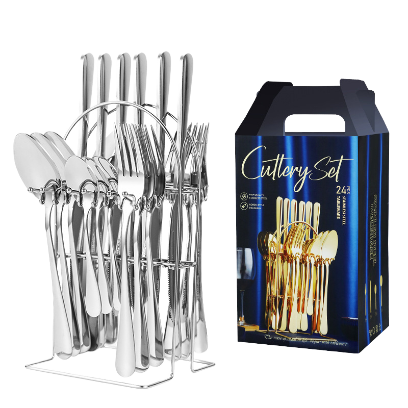 Set Tacâmuri Premium 24 Piese din Oțel Inoxidabil Argintiu cu Suport Metalic, pentru 6 Persoane, Finisaj Lucios, Rezistente la Coroziune, Design Elegant pentru Casă și Evenimente