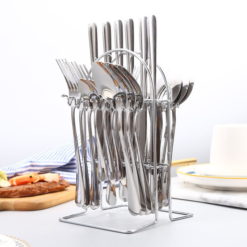 Set Tacâmuri Premium 24 Piese din Oțel Inoxidabil Argintiu cu Suport Metalic, pentru 6 Persoane, Finisaj Lucios, Rezistente la Coroziune, Design Elegant pentru Casă și Evenimente