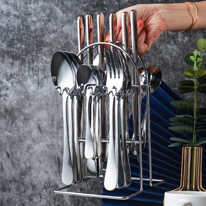 Set Tacâmuri Premium 24 Piese din Oțel Inoxidabil Argintiu cu Suport Metalic, pentru 6 Persoane, Finisaj Lucios, Rezistente la Coroziune, Design Elegant pentru Casă și Evenimente