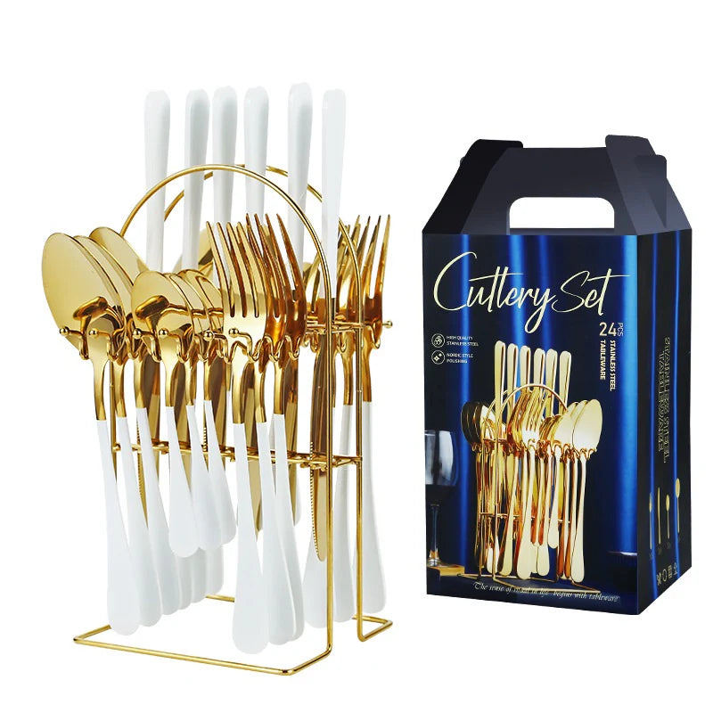 Set Tacâmuri 24 Piese Alb cu Auriu – Oțel Inoxidabil, Finisaj Lucios, Suport Depozitare, Design Elegant pentru Masă Modernă