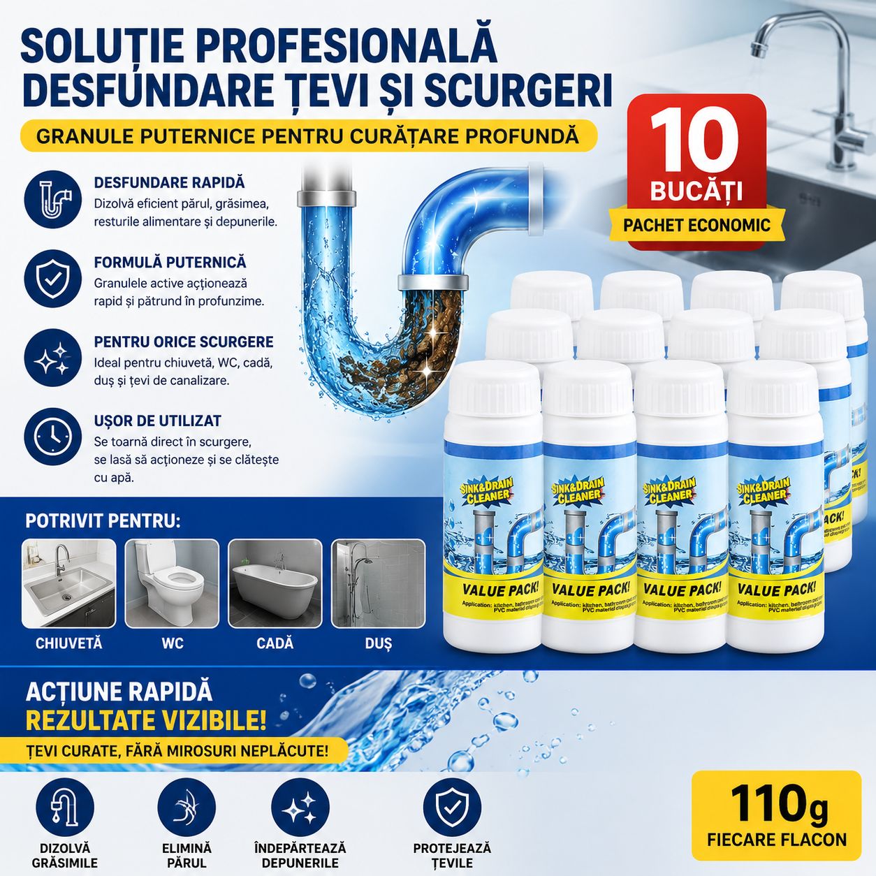 Set 10 x Soluție Profesională Desfundare Țevi și Scurgeri 110g, Granule Puternice pentru Chiuvetă, WC, Cadă și Duș, Cleaner Canalizare pentru Dizolvare Grăsime, Păr și Depuneri