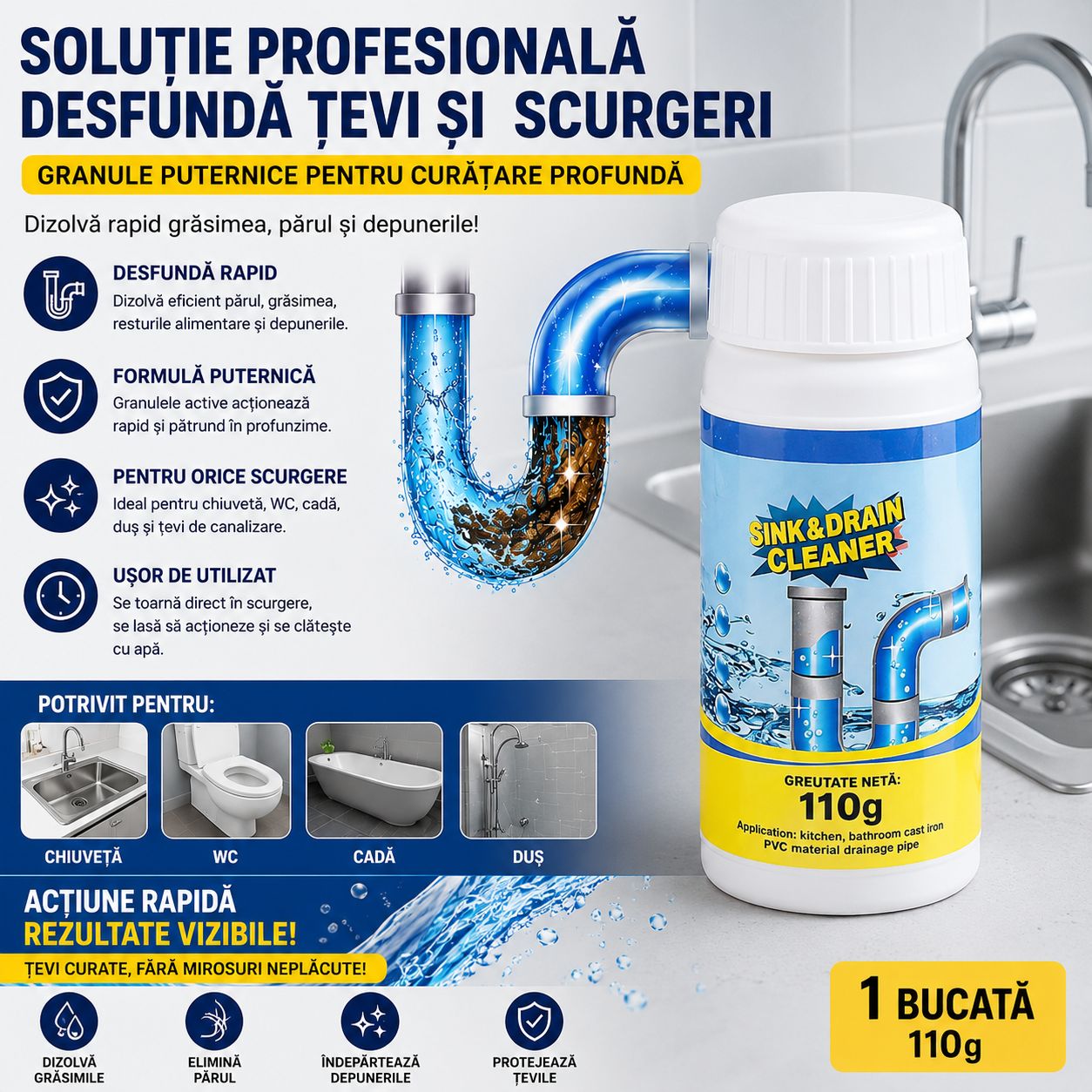 Soluție Profesională Desfundare Țevi și Scurgeri 110g, Granule Puternice pentru Chiuvetă, WC, Cadă și Duș, Cleaner pentru Canalizare și Dizolvare Grăsime, Păr și Depuneri, Acțiune Rapidă