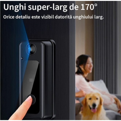 Sonerie Video Inteligentă 8MP cu Night Vision IR – Interfon HD, Detectare Mișcare, Unghi 170°, Bluetooth, Fără Fir, pe Baterii