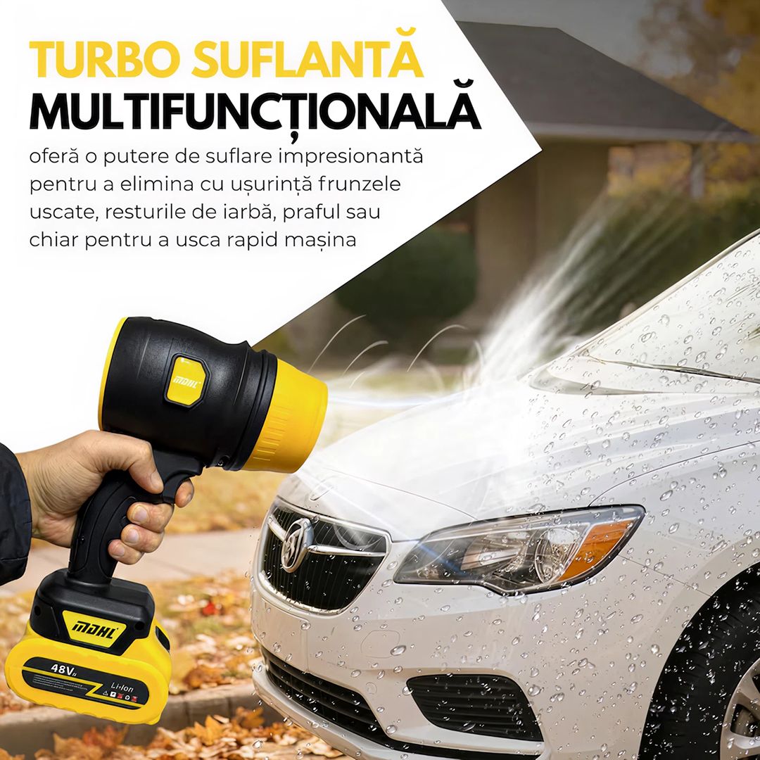 Suflantă Aer Turbo Portabilă 1050W, 34.000 RPM – 2 Acumulatori 48V, Compactă, Puternică, Fără Fir