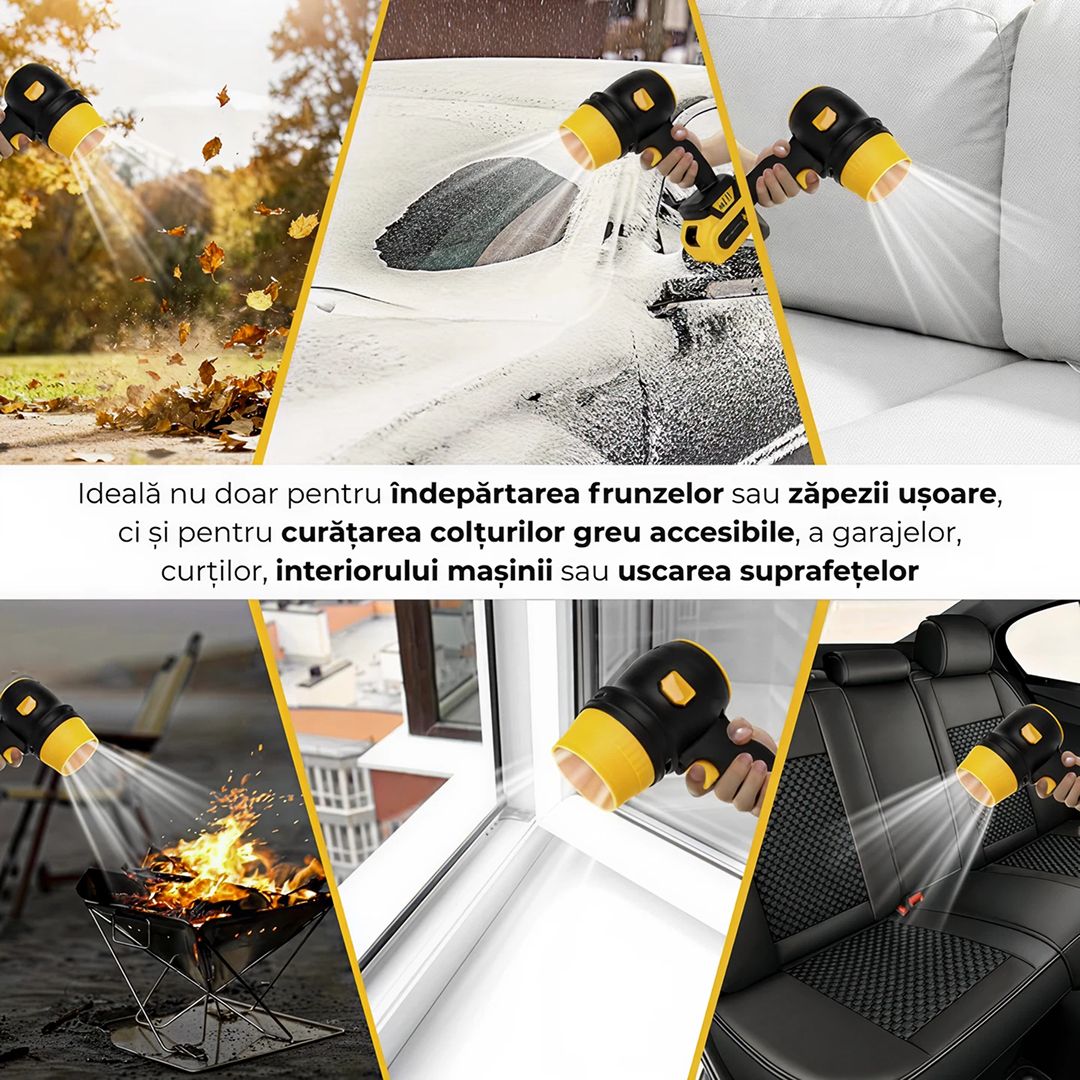 Suflantă Aer Turbo Portabilă 1050W, 34.000 RPM – 2 Acumulatori 48V, Compactă, Puternică, Fără Fir