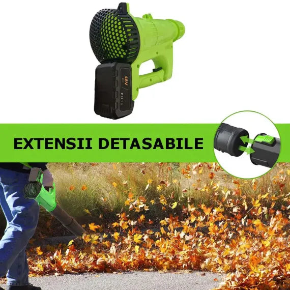 Suflantă Electrică de Frunze cu 2 Acumulatori 3500W – 12.000 RPM, 2.3 m³/min, Fără Fir, Ideală pentru Curte și Grădină, Negru/Verde