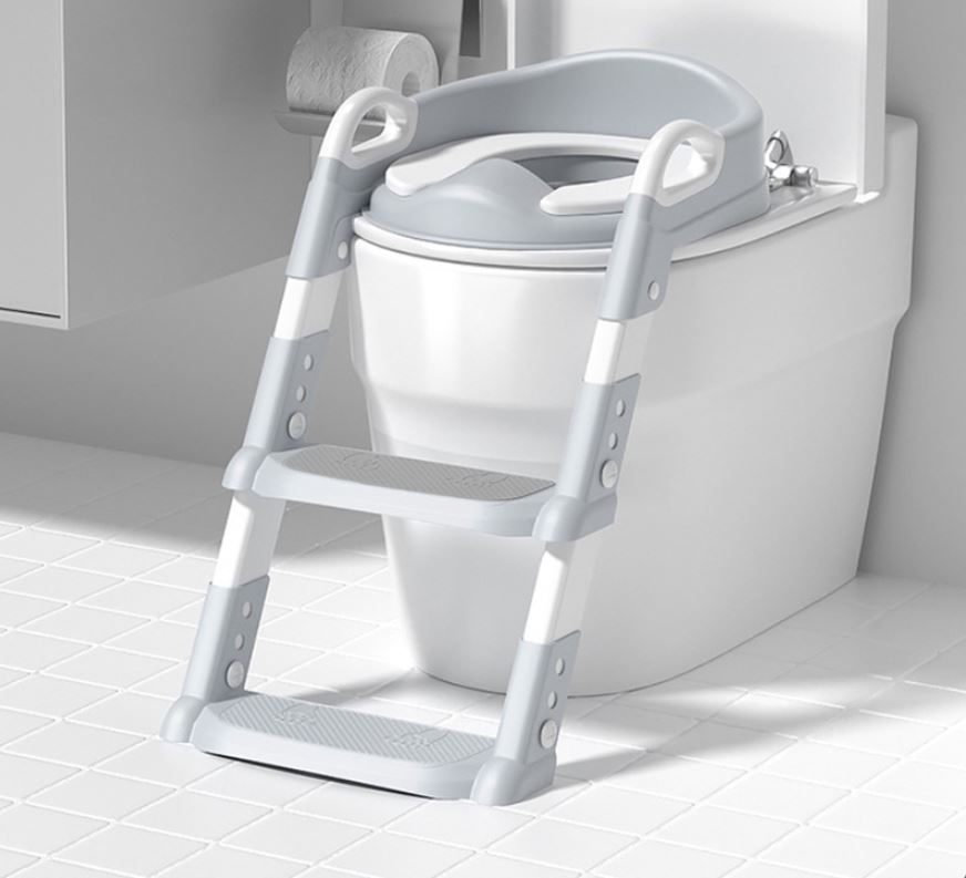 Scaun toaletă copii cu scară pliabil, reductor WC cu spătar și mânere, anti-alunecare – antrenament oliță, design ergonomic
