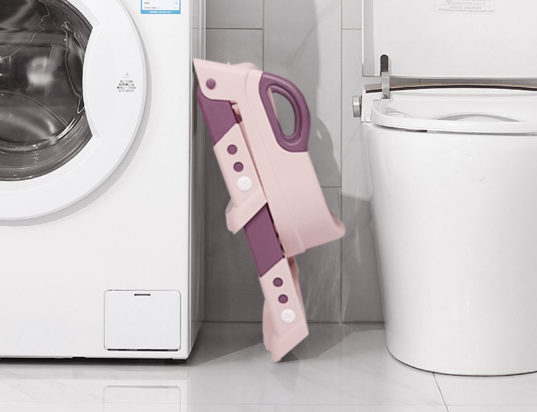 Scaun toaletă copii cu scară pliabil, reductor WC cu spătar și mânere, anti-alunecare – antrenament oliță, design ergonomic