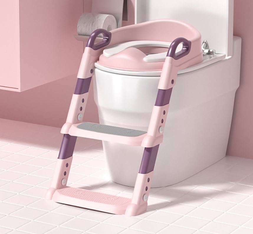 Scaun toaletă copii cu scară pliabil, reductor WC cu spătar și mânere, anti-alunecare – antrenament oliță, design ergonomic