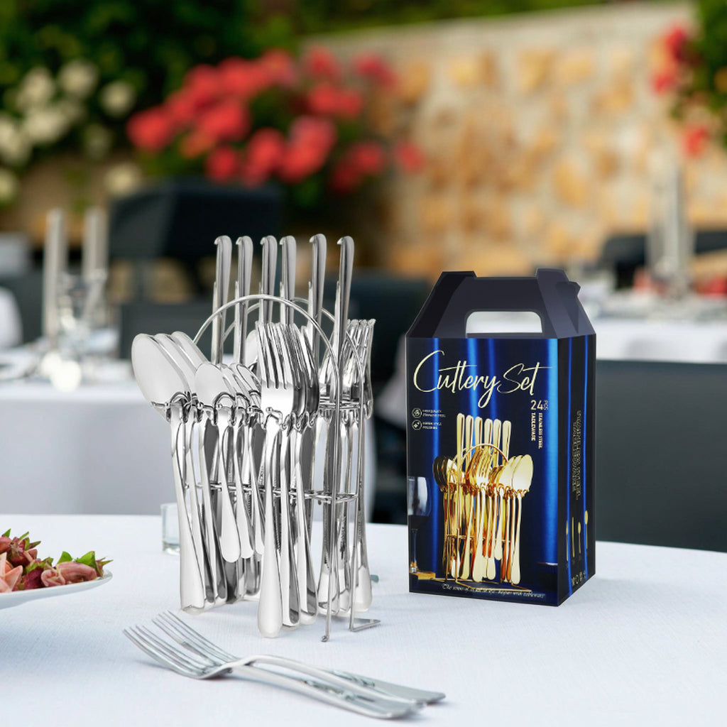 Set Tacâmuri Premium 24 Piese din Oțel Inoxidabil Argintiu cu Suport Metalic, pentru 6 Persoane, Finisaj Lucios, Rezistente la Coroziune, Design Elegant pentru Casă și Evenimente