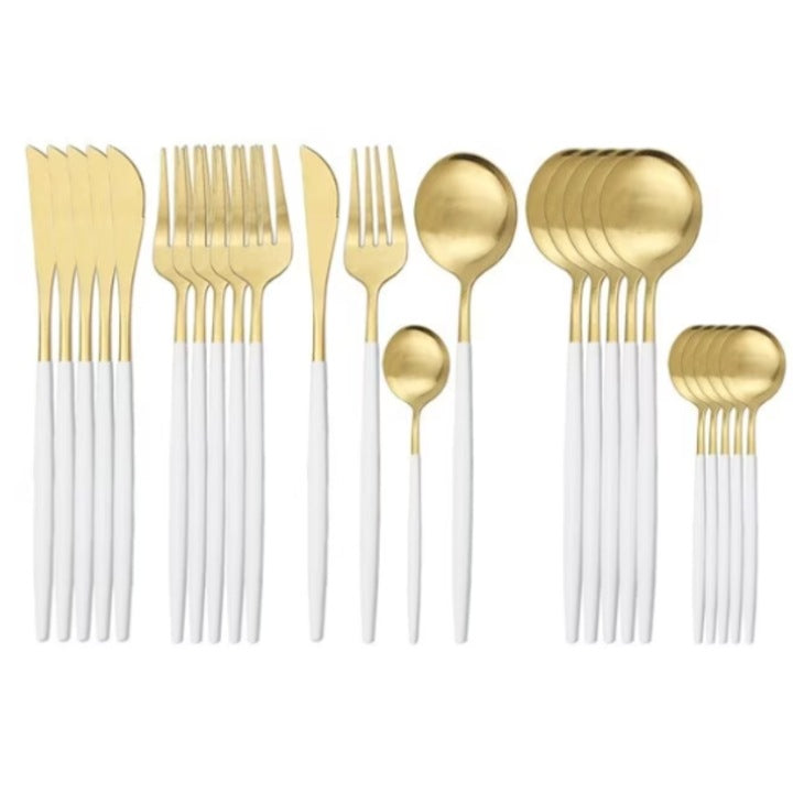 Set Tacâmuri 24 Piese Alb cu Auriu – Oțel Inoxidabil, Finisaj Lucios, Suport Depozitare, Design Elegant pentru Masă Modernă