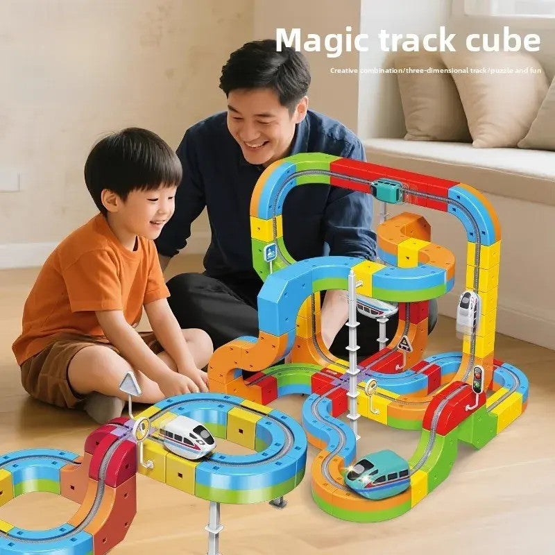 Jucărie Construcție Tren Copii 123 Piese – Pista 3D Modulară Track Cube, Set STEM Creativ cu Cuburi și Trasee, 3+ Ani
