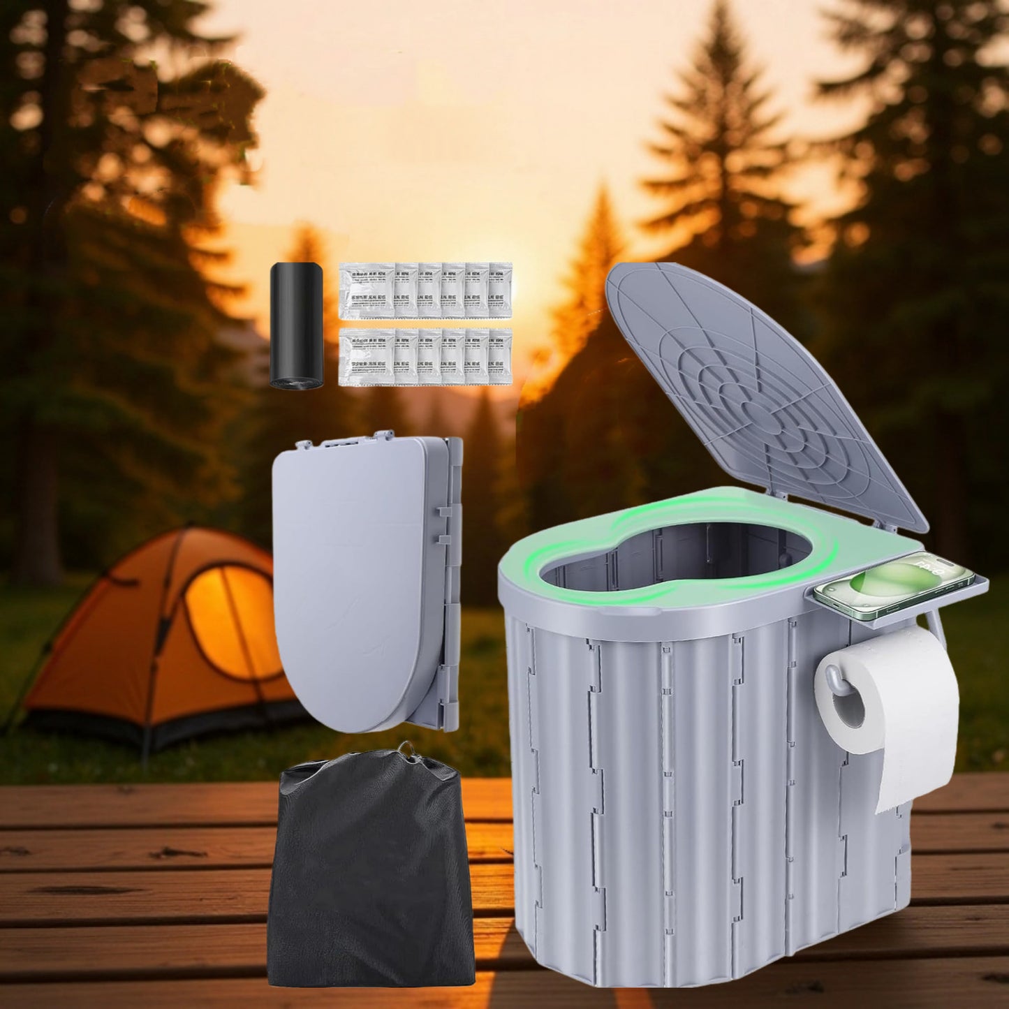 Toaletă Portabilă Pliabilă Gri pentru Camping, Rulote și Drumeții, cu Saci de Gunoi și Sistem Igienic Inclus